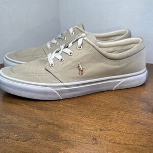 Polo Ralph Lauren Mens Faxon X Lauren Beige Canvas Classic Sneakers, sz 10